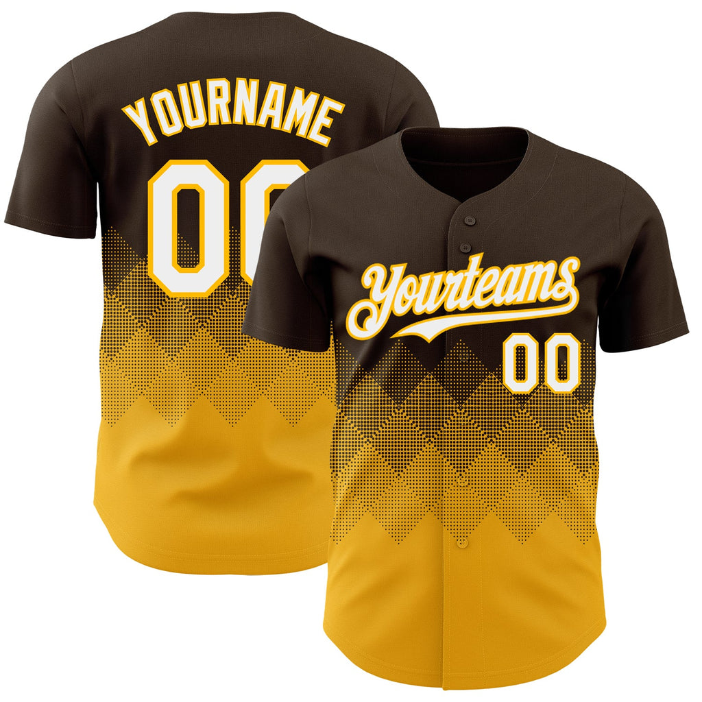 Custom Brown White-Gold 3D Gradient Square Shape Authentic Baseball Jersey