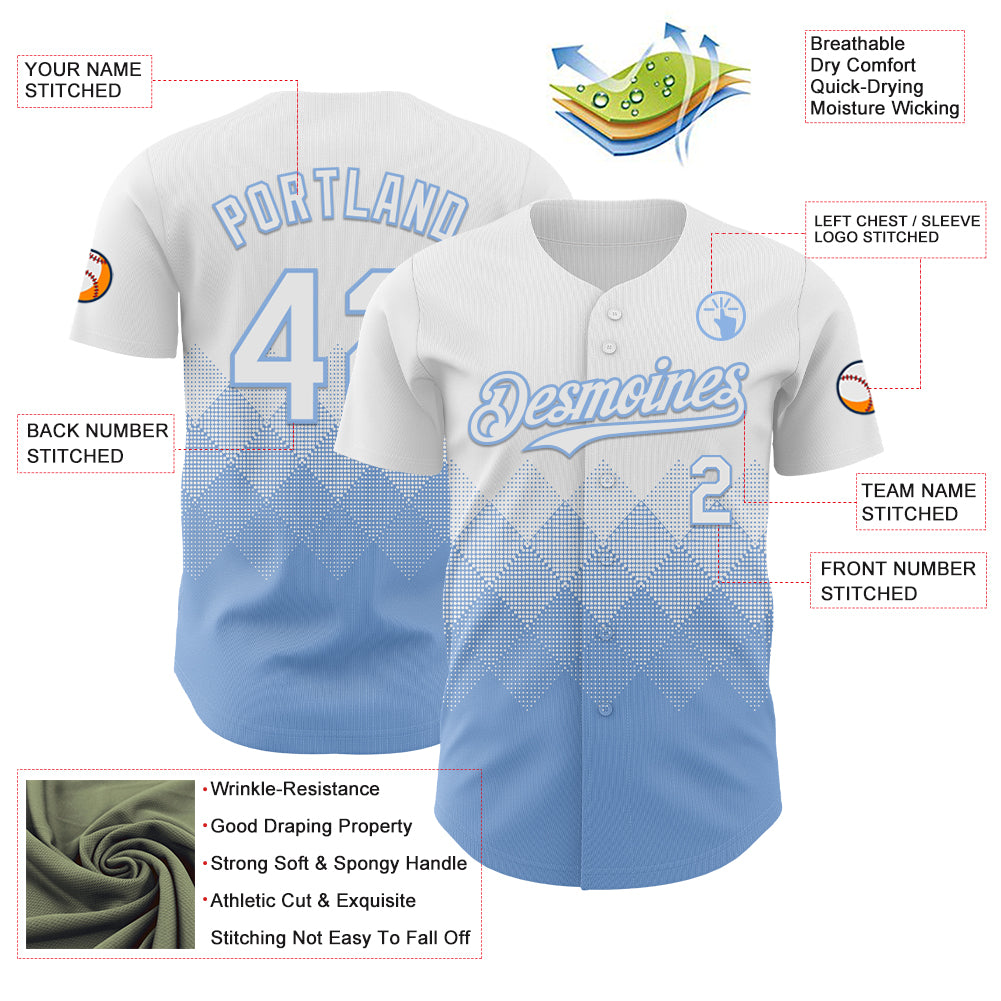 Custom White Light Blue 3D Gradient Square Shape Authentic Baseball Jersey