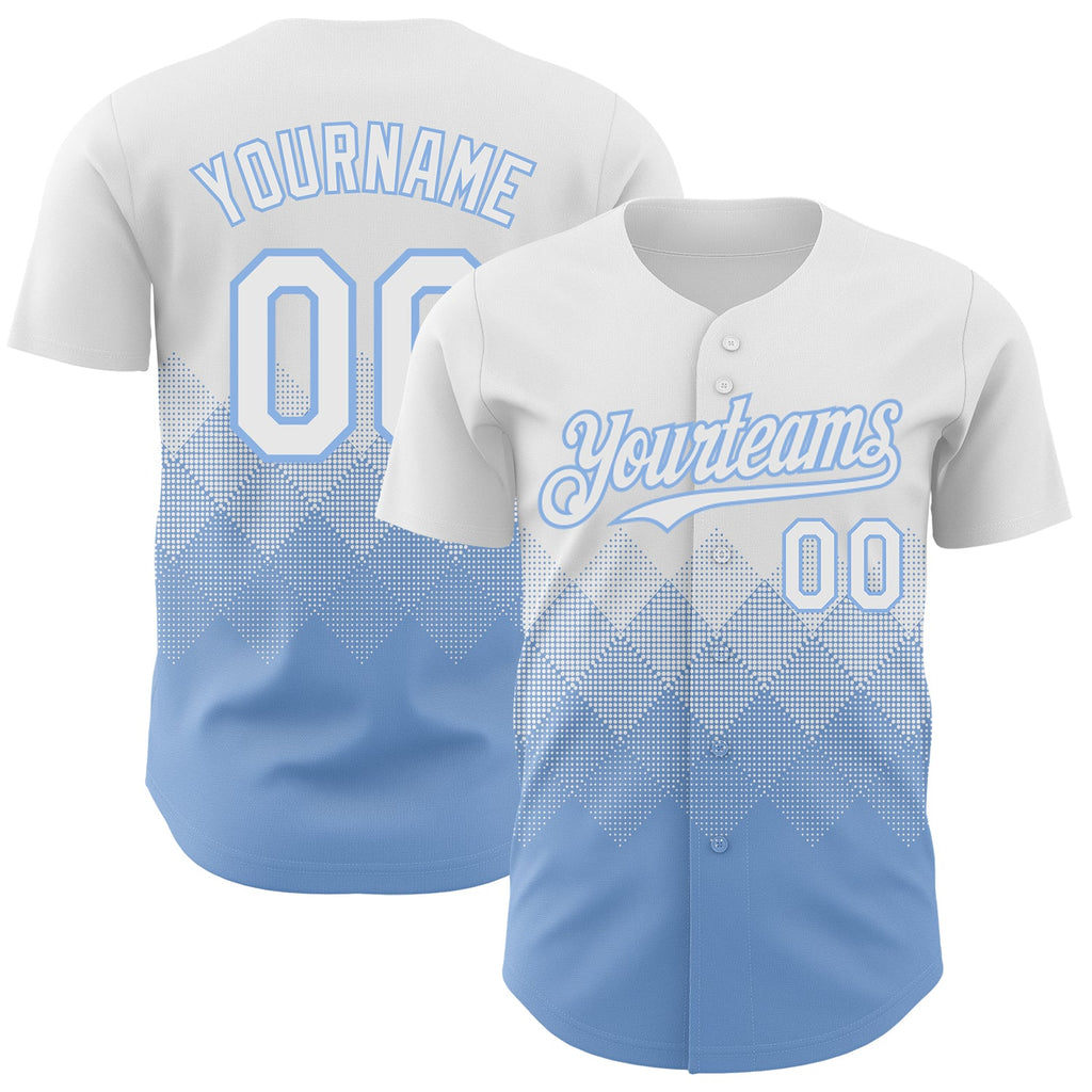 Custom White Light Blue 3D Gradient Square Shape Authentic Baseball Jersey