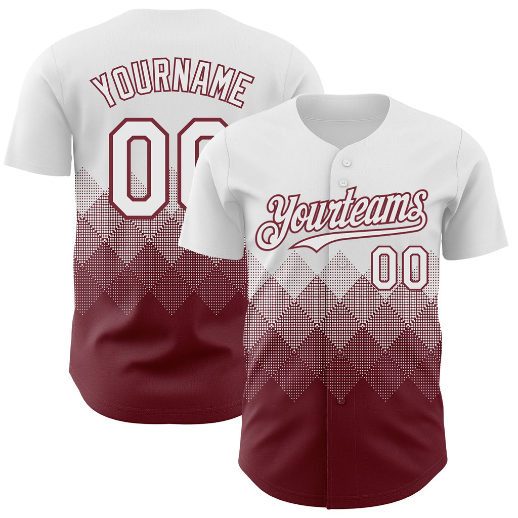 Custom White Burgundy 3D Gradient Square Shape Authentic Baseball Jersey