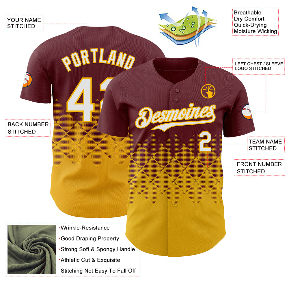 Custom Burgundy White-Gold 3D Gradient Square Shape Authentic Baseball Jersey