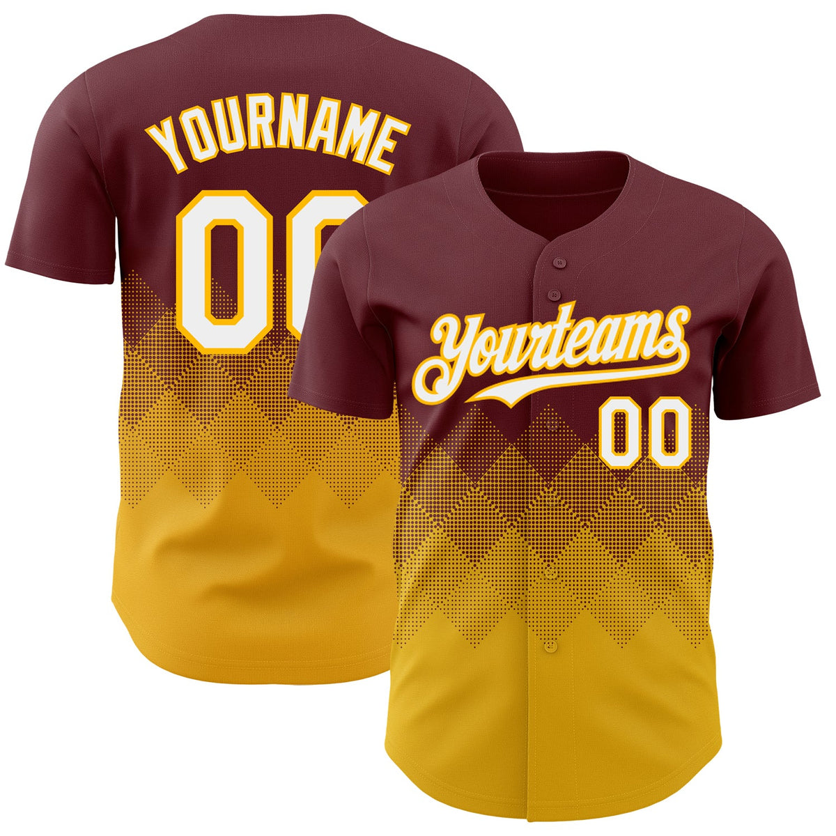 Custom Burgundy White-Gold 3D Gradient Square Shape Authentic Baseball Jersey