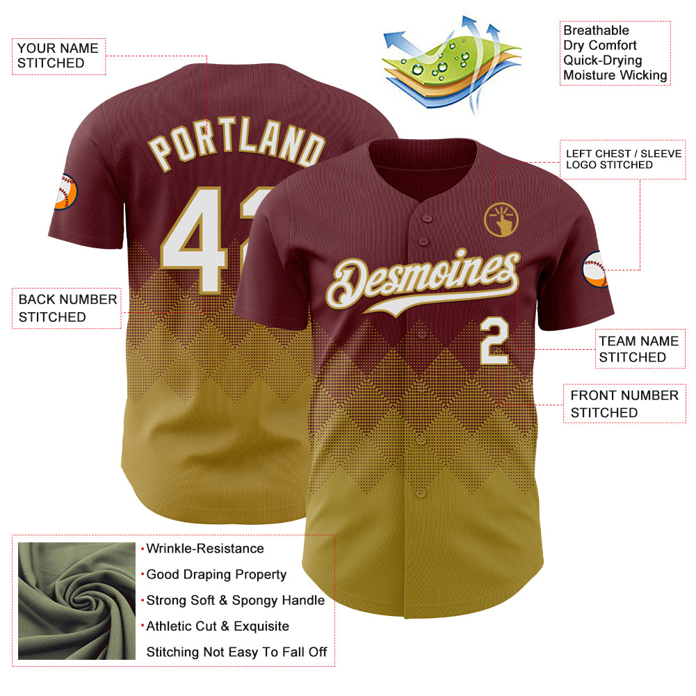Custom Burgundy White-Old Gold 3D Gradient Square Shape Authentic Baseball Jersey