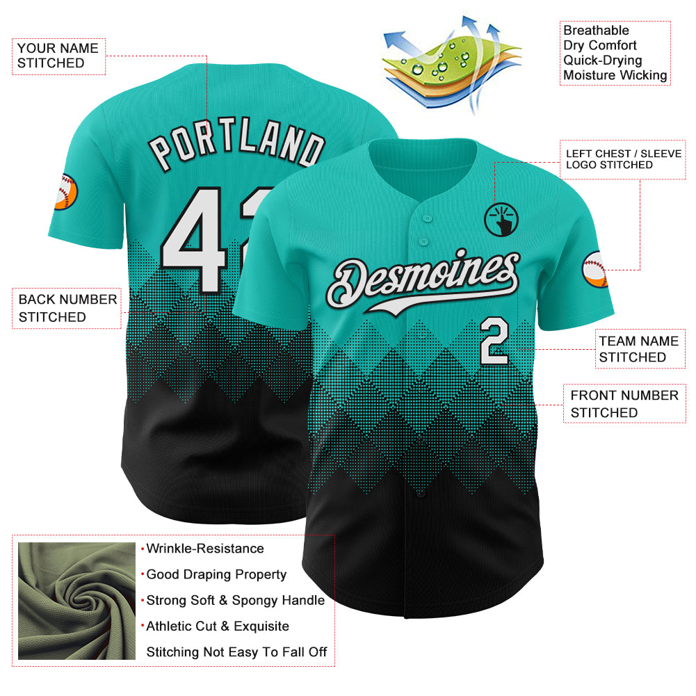 Custom Aqua White-Black 3D Gradient Square Shape Authentic Baseball Jersey