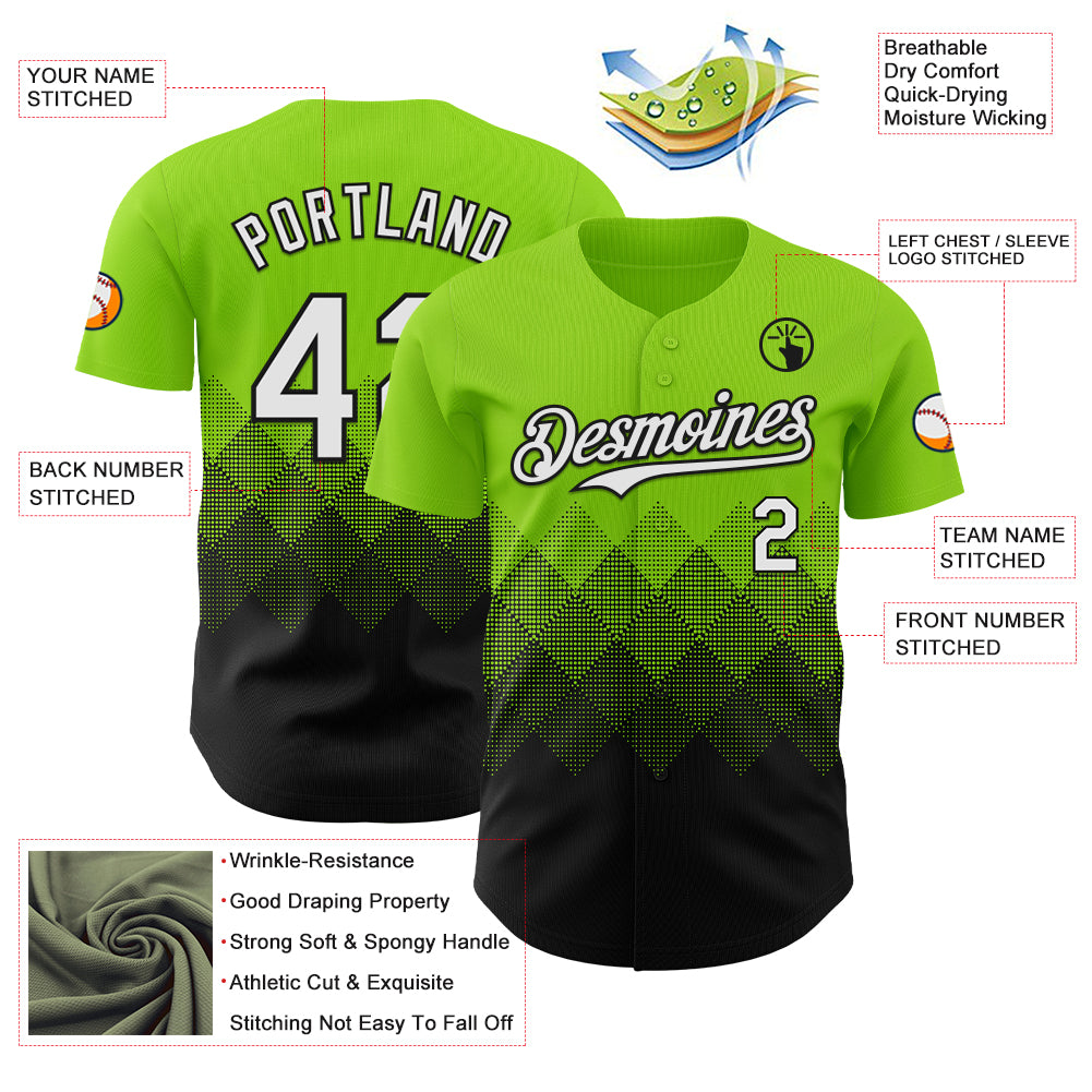 Custom Neon Green White-Black 3D Gradient Square Shape Authentic Baseball Jersey