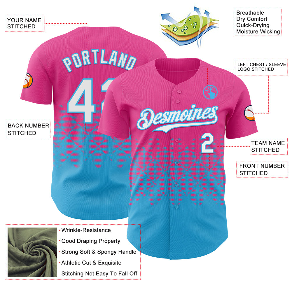 Custom Pink White-Sky Blue 3D Gradient Square Shape Authentic Baseball Jersey
