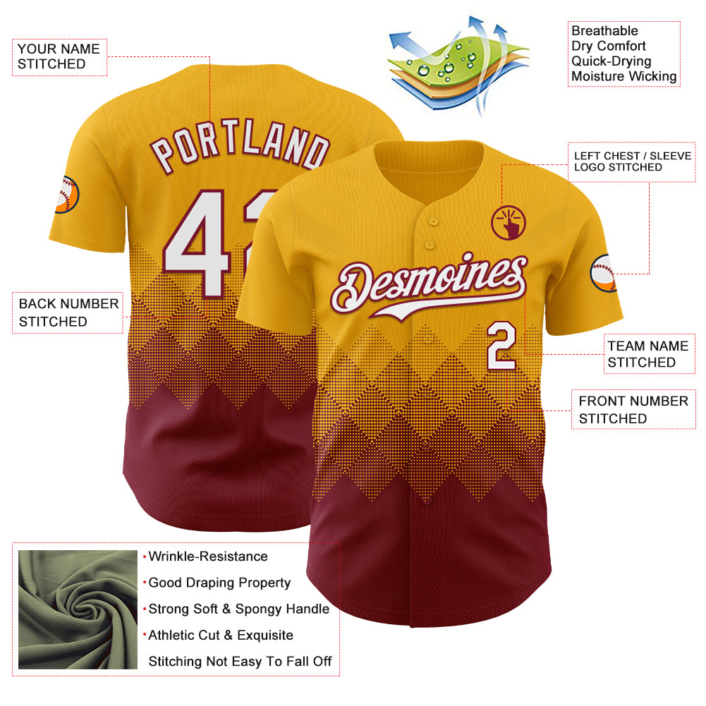 Custom Gold White-Crimson 3D Gradient Square Shape Authentic Baseball Jersey