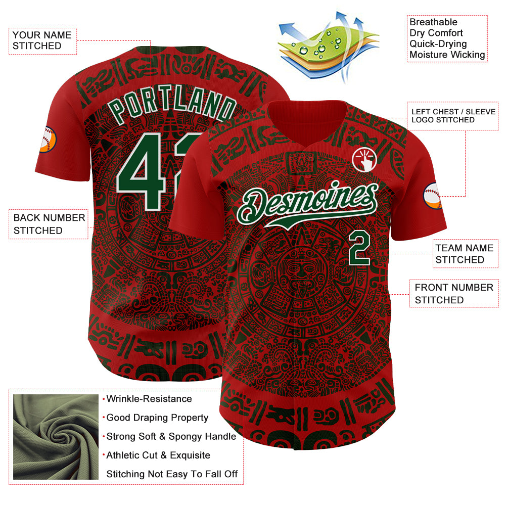 Custom Red Green-White 3D Mexico Authentic Baseball Jersey