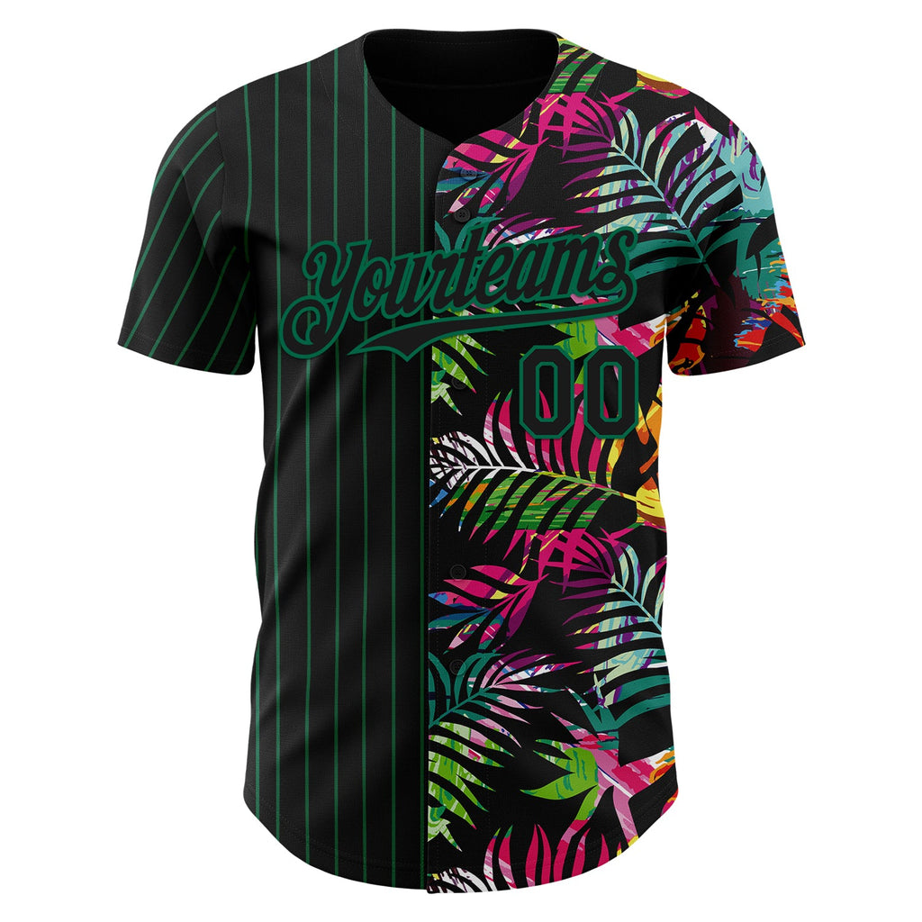 Custom Black Kelly Green 3D Pattern Design Pinstripe Tropical Palm Leaves Authentic Baseball Jersey