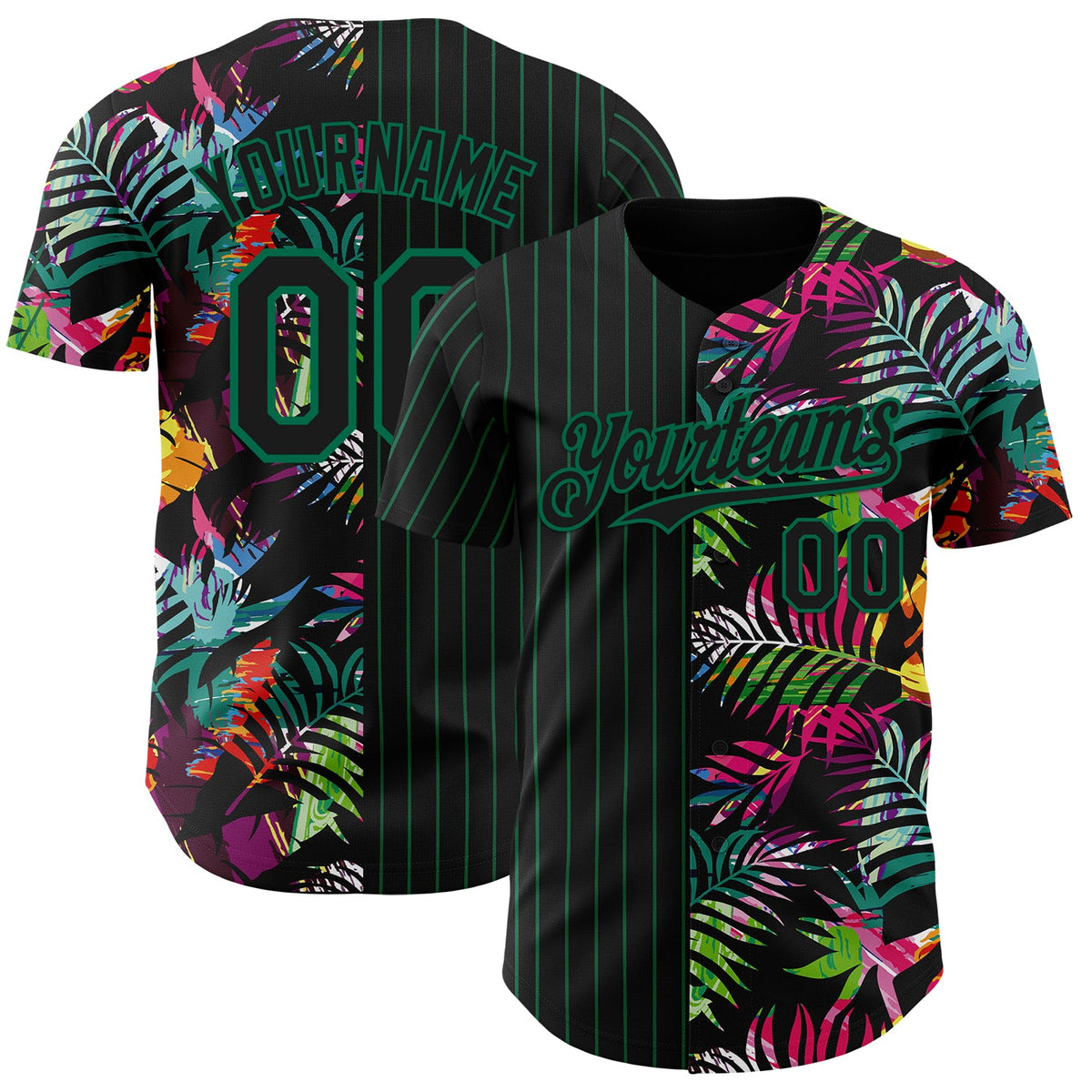 Custom Black Kelly Green 3D Pattern Design Pinstripe Tropical Palm Leaves Authentic Baseball Jersey