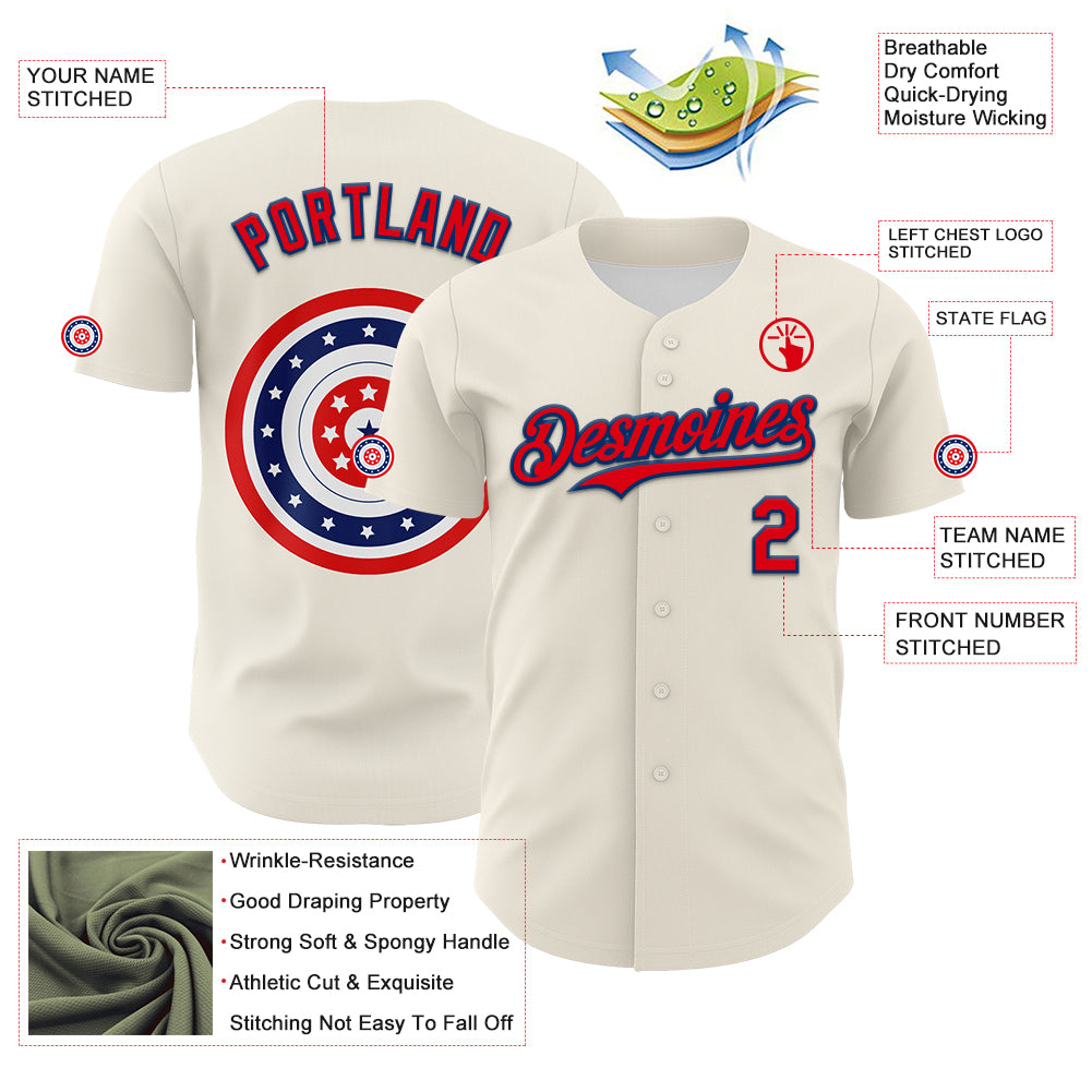 Custom Cream Fire Red-US Navy Blue 3D Patriotic American Flag Authentic Baseball Jersey