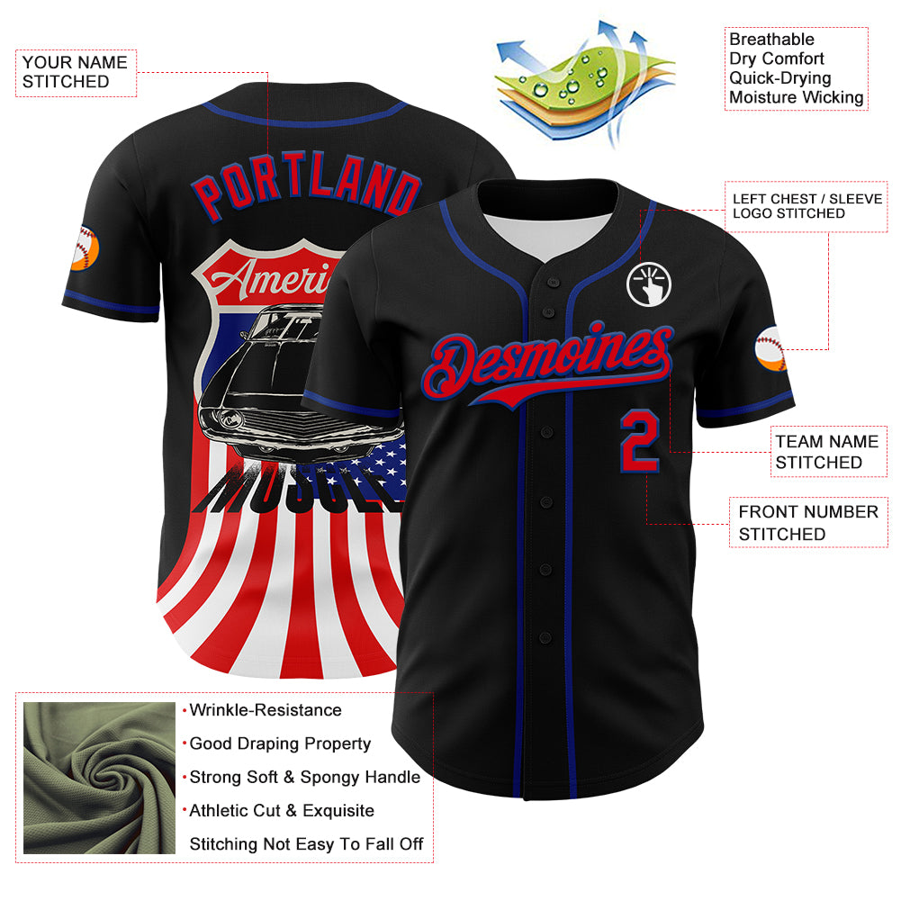 Custom Black Fire Red-Royal 3D Patriotic American Flag And Muscle Car Authentic Baseball Jersey