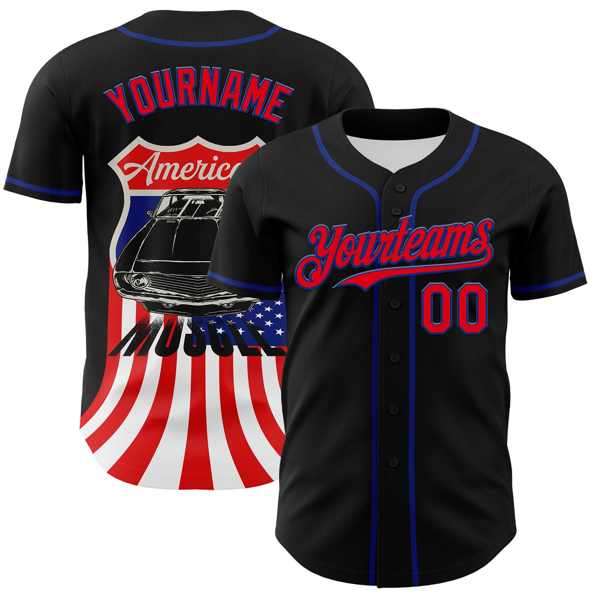 Custom Black Fire Red-Royal 3D Patriotic American Flag And Muscle Car Authentic Baseball Jersey