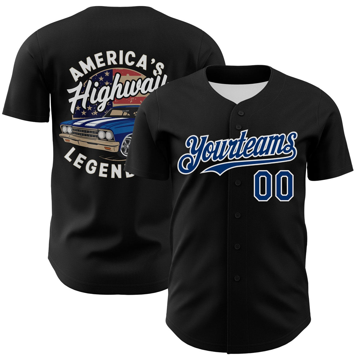 Custom Black US Navy Blue-White 3D Patriotic American Flag And Muscle Car Authentic Baseball Jersey
