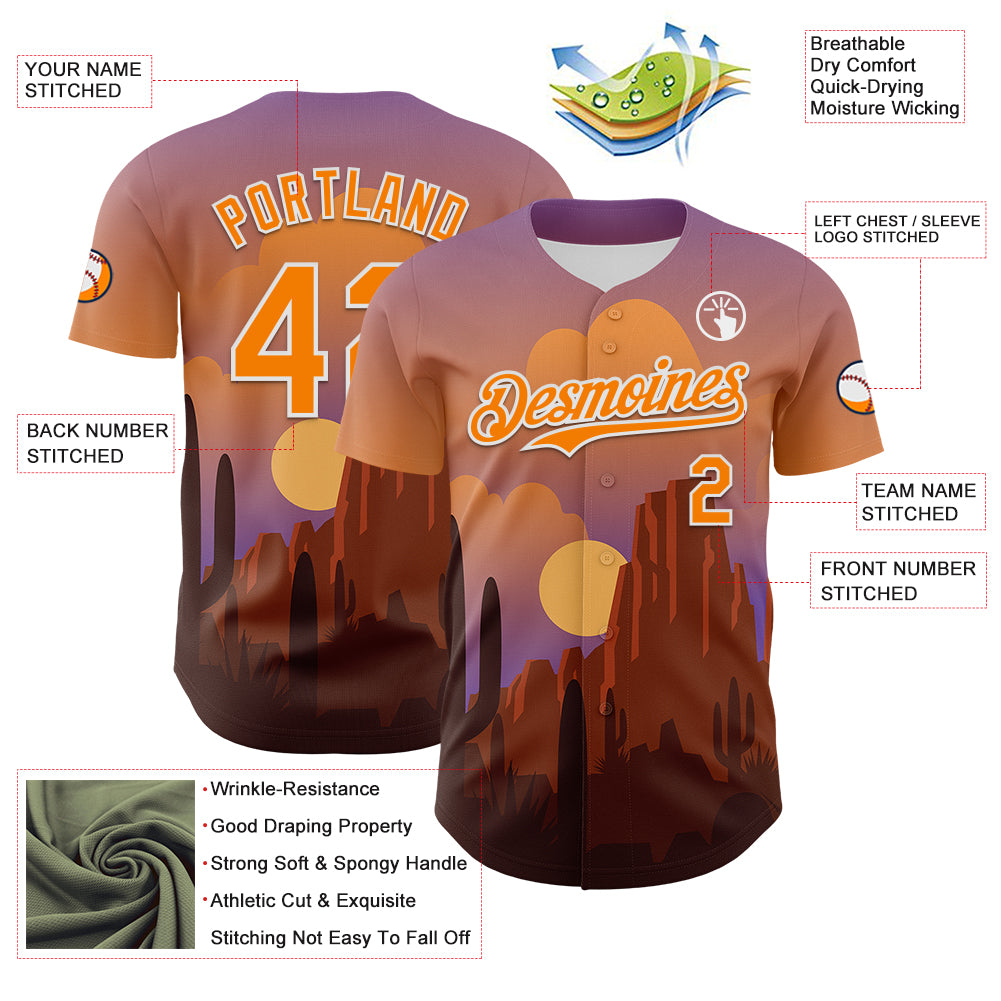 Custom Purple Bay Orange-White 3D Pattern Design Patriotic American Symbol Desert Authentic Baseball Jersey