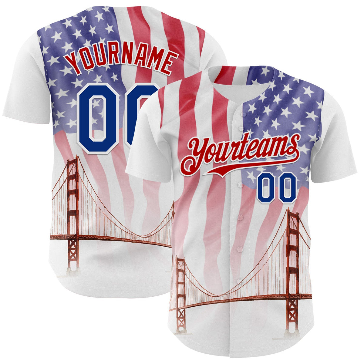Custom White Royal-Red 3D Patriotic American Flag And Golden Gate Bridge Authentic Baseball Jersey