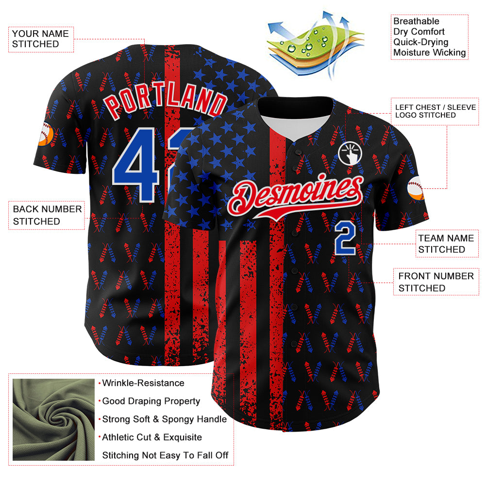 Custom Black Thunder Blue Fire Red-White 3D Patriotic American Flag Authentic Baseball Jersey
