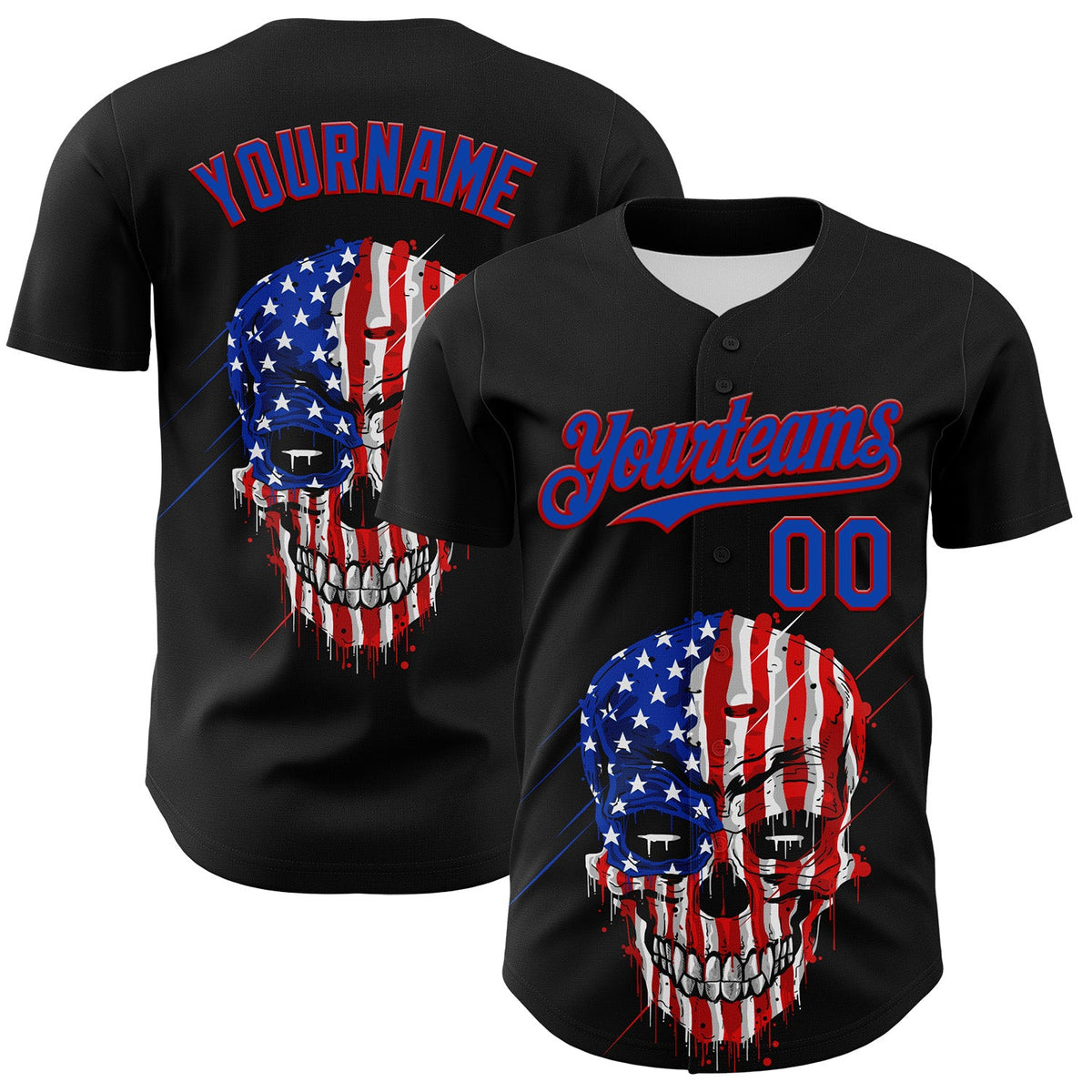 Custom Black Thunder Blue-Red 3D Patriotic Skull American Flag Authentic Baseball Jersey