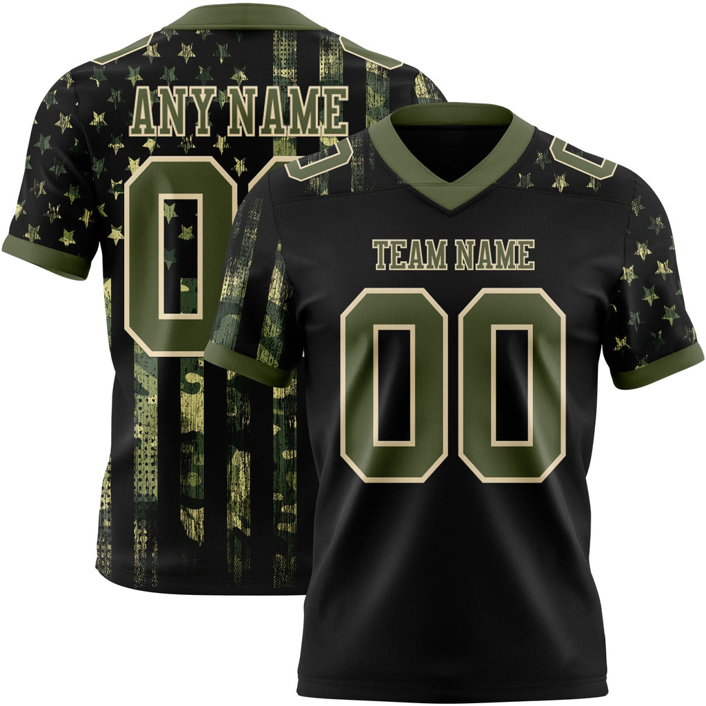Custom Black Olive-Cream 3D Pattern American Flag Authentic Football Jersey