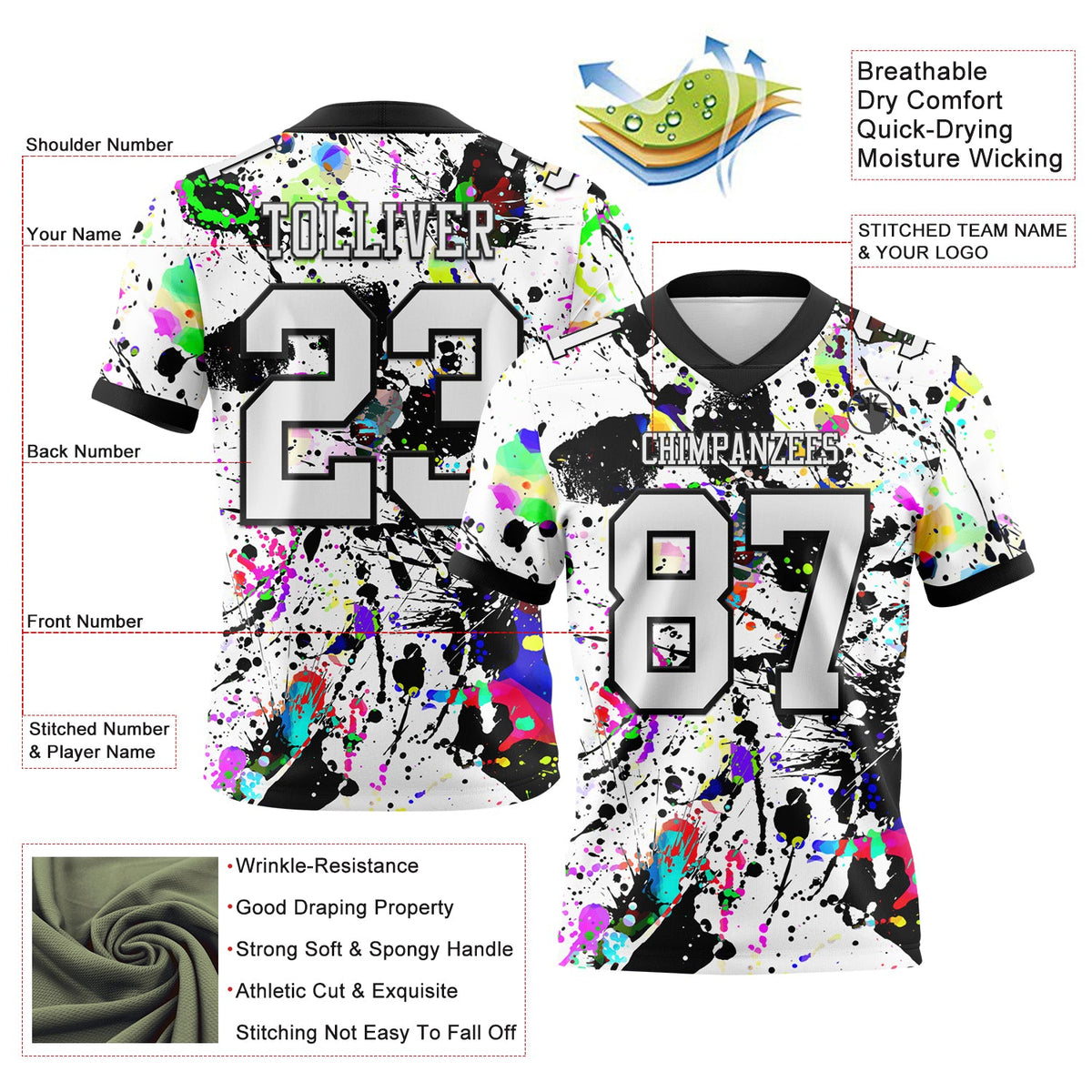 Custom Graffiti Pattern White-Black 3D Pattern Splash Authentic Football Jersey