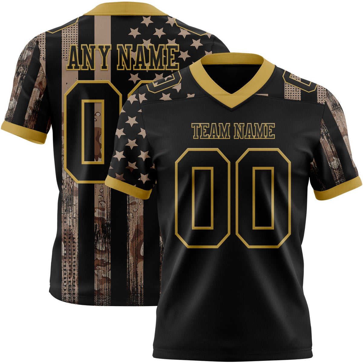 Custom Black Old Gold 3D Pattern American Flag Authentic Football Jersey