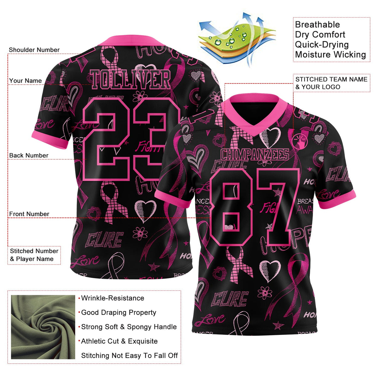 Custom Black Pink 3D Pattern Pink Ribbon Breast Cancer Awareness Month Women Health Care Support Authentic Football Jersey