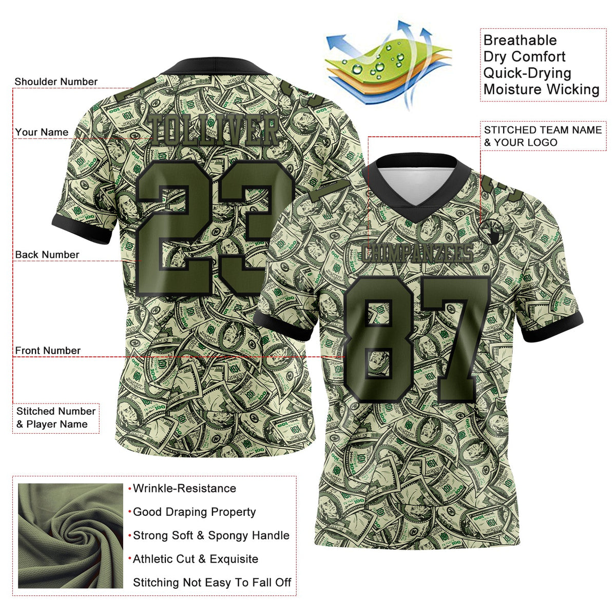 Custom Green Olive-Black 3D Pattern Dollar Authentic Football Jersey