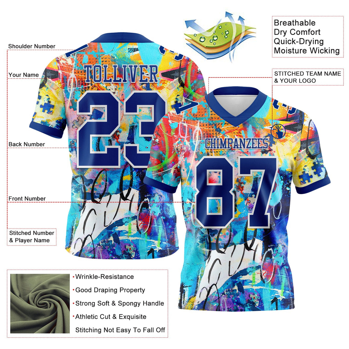 Custom Graffiti Pattern Royal-White 3D Pattern Authentic Football Jersey
