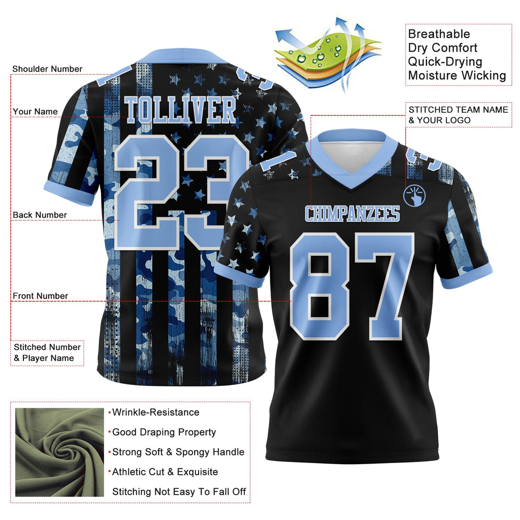Custom Black Light Blue-White 3D Pattern American Flag Authentic Football Jersey