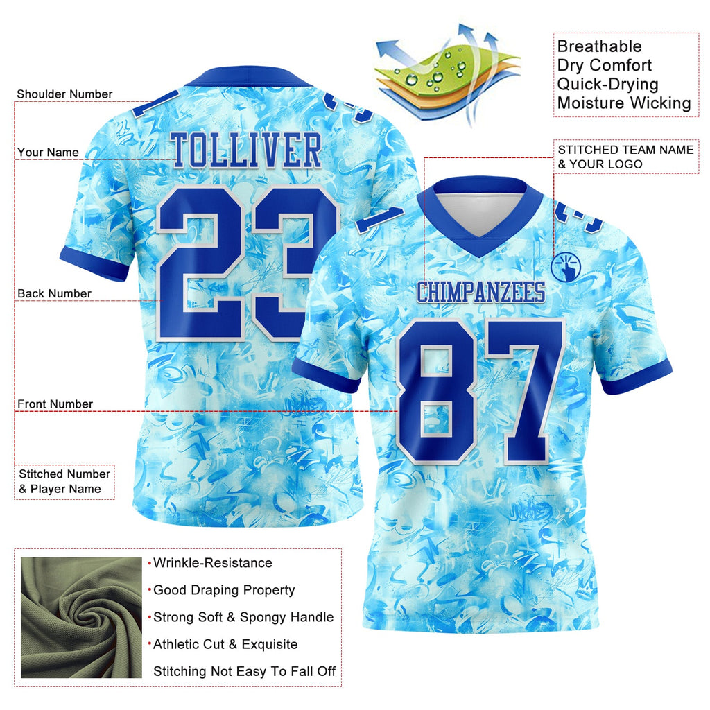 Custom Graffiti Pattern Thunder Blue-White 3D Pattern Scratch Authentic Football Jersey