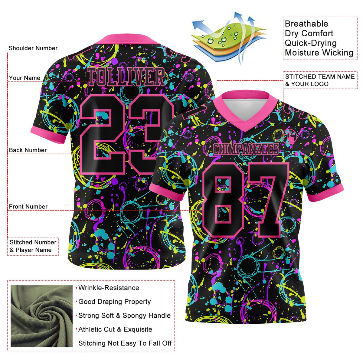 Custom Graffiti Pattern Black-Pink 3D Pattern Neon Splash Authentic Football Jersey