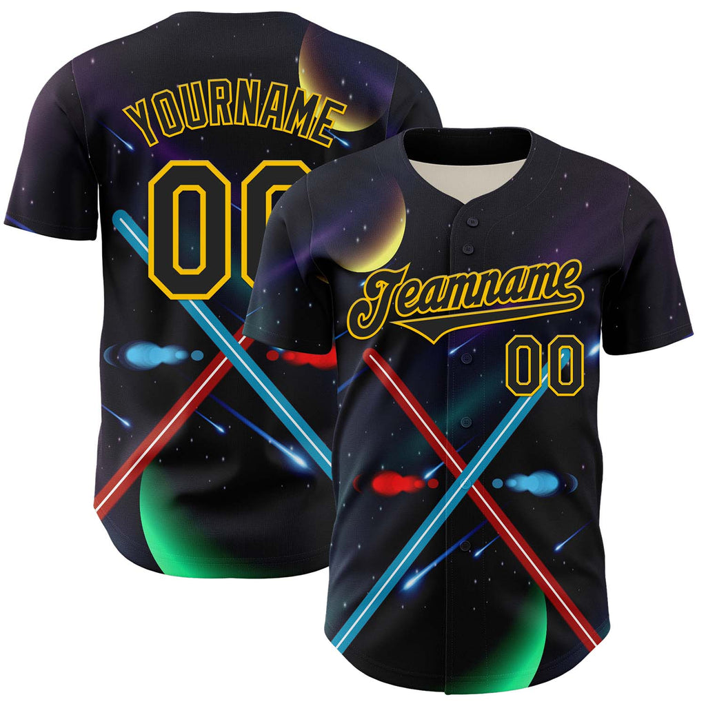 Custom Black Yellow 3D Pattern Design Outer Space Light Swords Authentic Baseball Jersey
