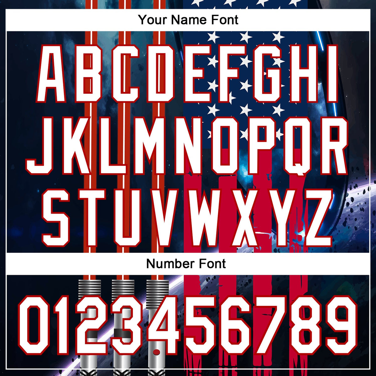 Custom Blue White-Red 3D Pattern Design American Flag Outer Space Light Swords Authentic Baseball Jersey