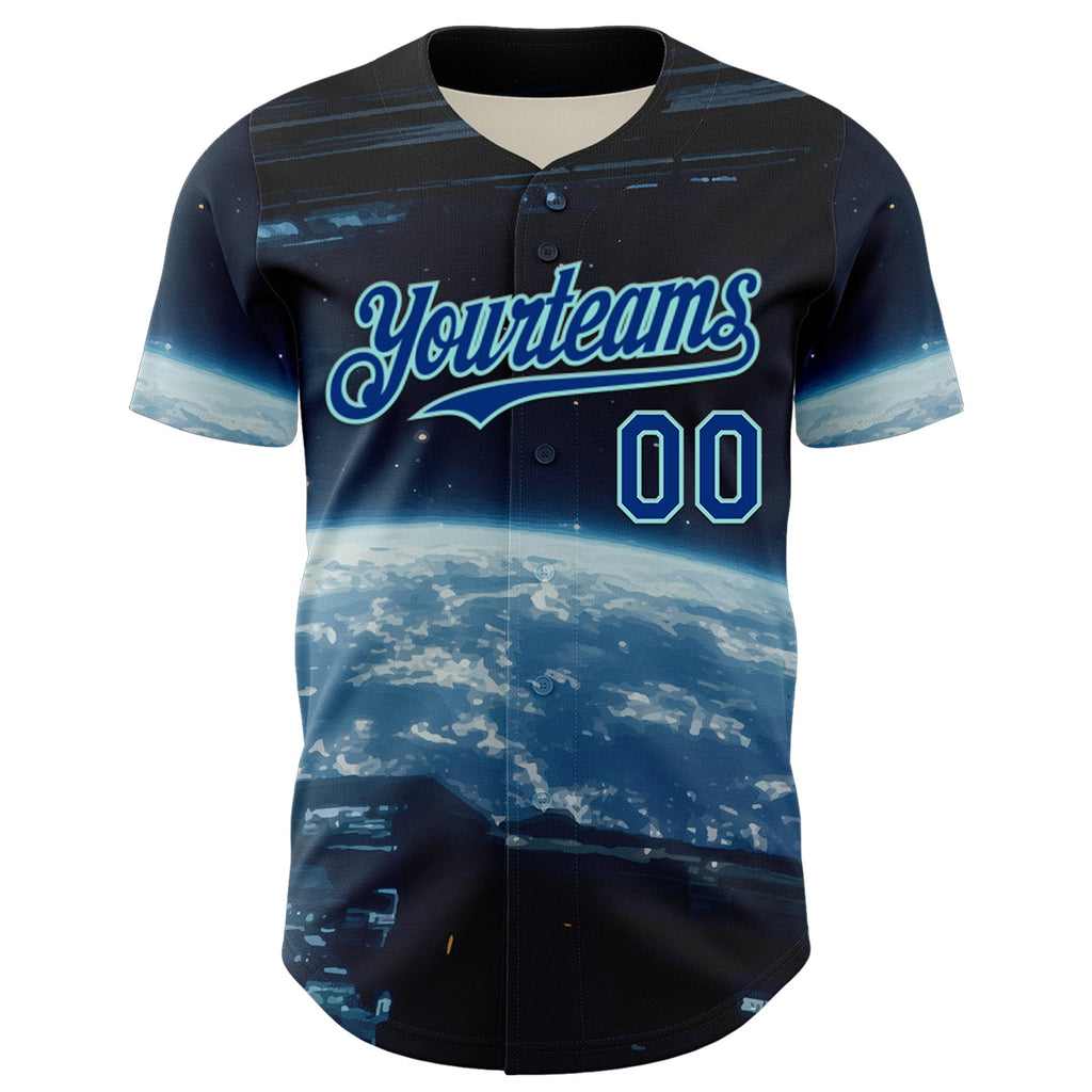 Custom Black Royal-Ice Blue 3D Pattern Design Outer Space Starships Authentic Baseball Jersey