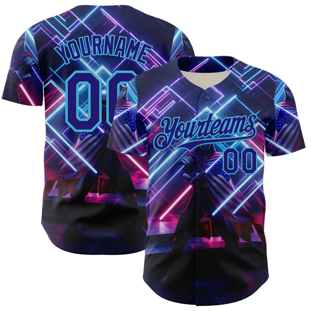 Custom Blue Dark Purple-Sky Blue 3D Pattern Design Outer Space Light Swords American Flag Authentic Baseball Jersey