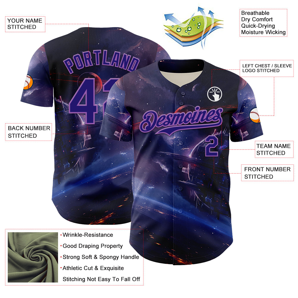 Custom Blue Dark Purple-Medium Purple 3D Pattern Design Outer Space Starships Authentic Baseball Jersey