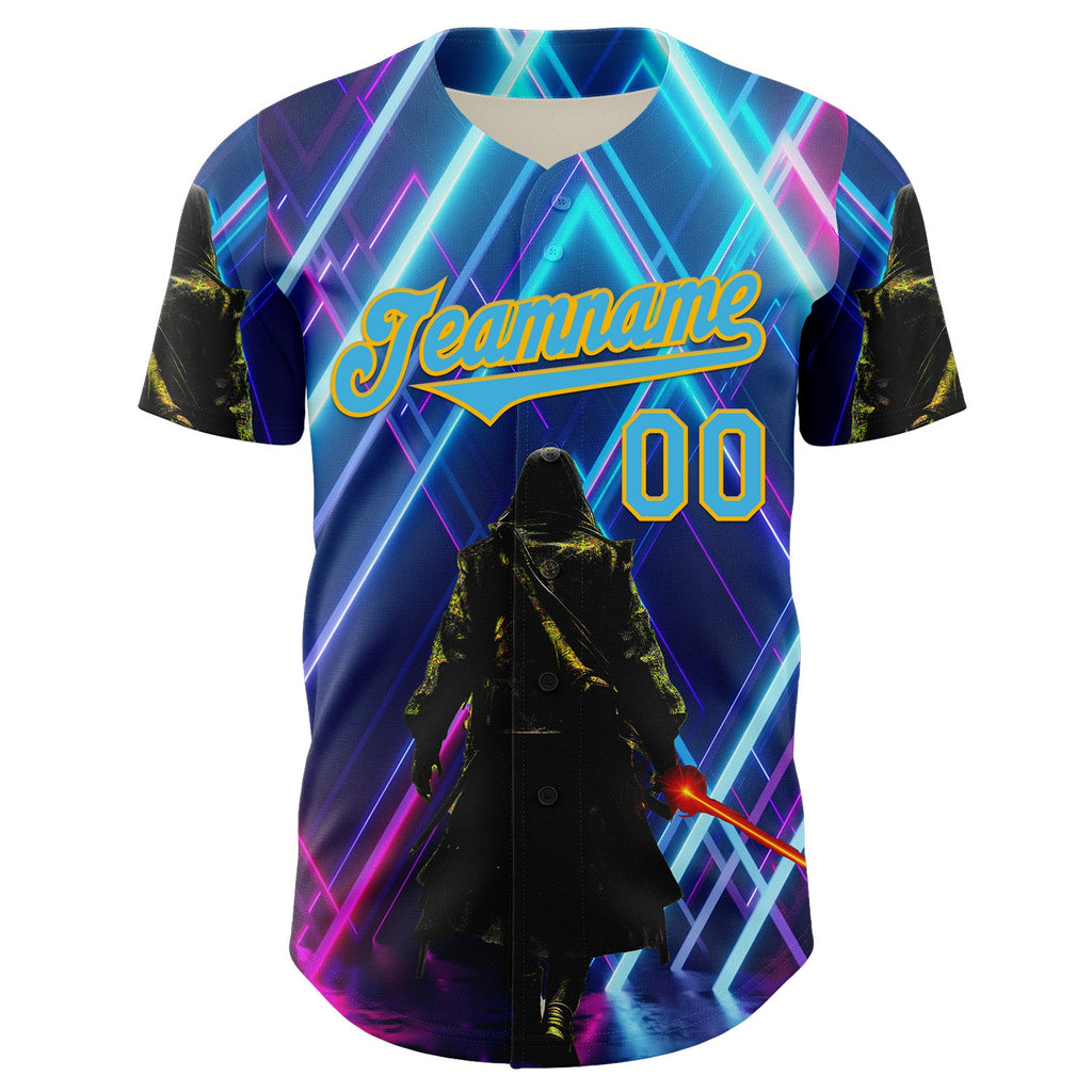 Custom Blue Sky Blue-Gold 3D Pattern Design Outer Space Light Swords Authentic Baseball Jersey