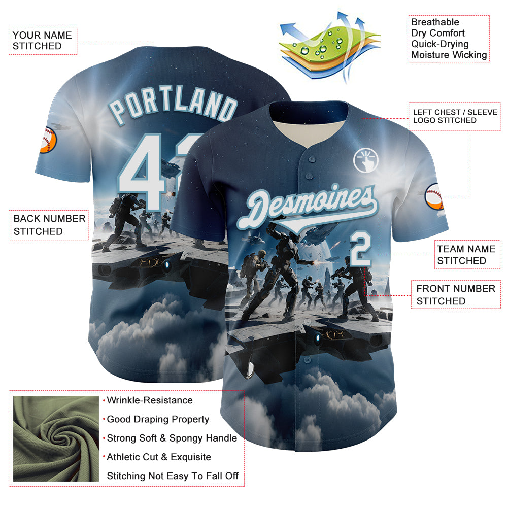 Custom Blue White-Shadow Blue 3D Pattern Design Outer Space Light Swords Authentic Baseball Jersey