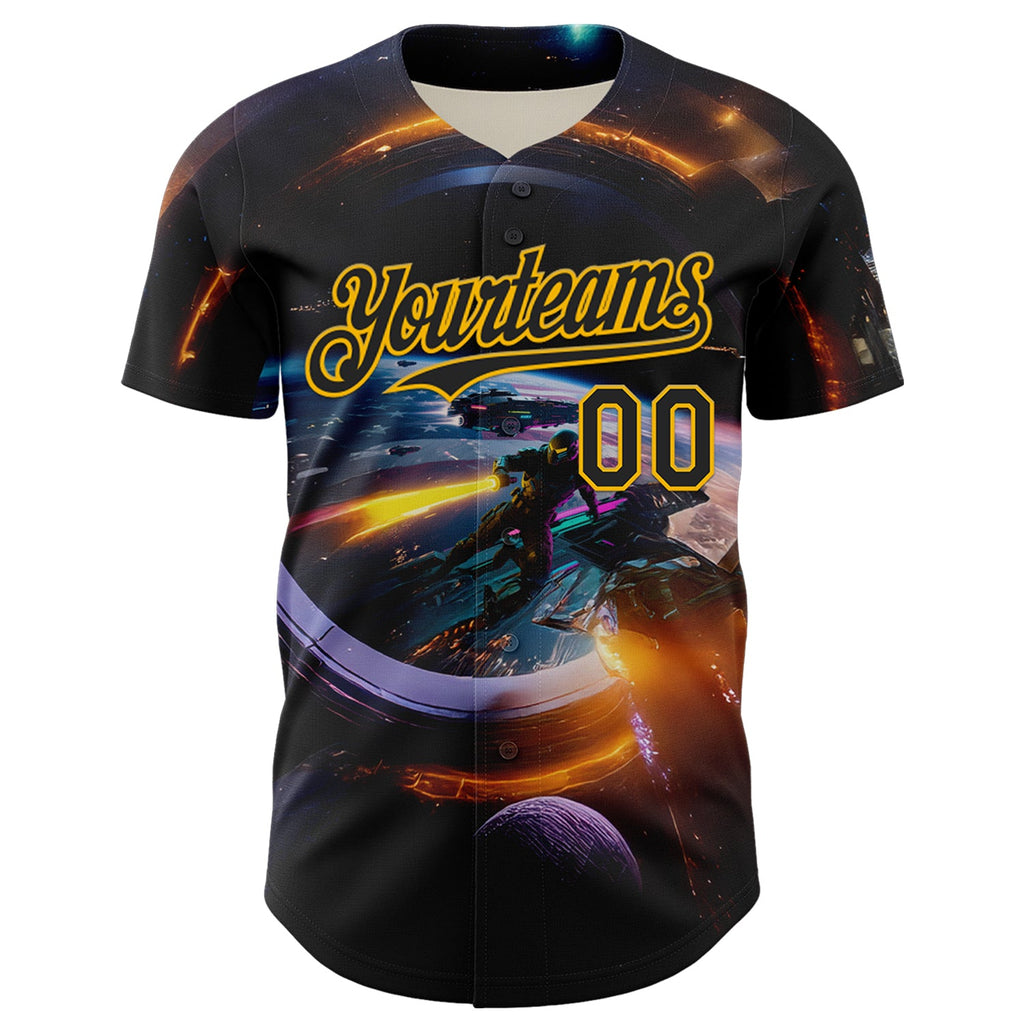 Custom Black Gold 3D Pattern Design Outer Space Light Swords Starships Authentic Baseball Jersey