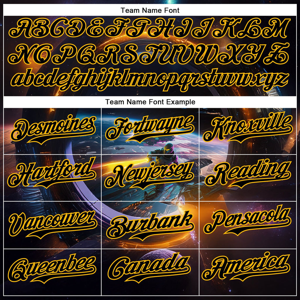 Custom Black Gold 3D Pattern Design Outer Space Light Swords Starships Authentic Baseball Jersey