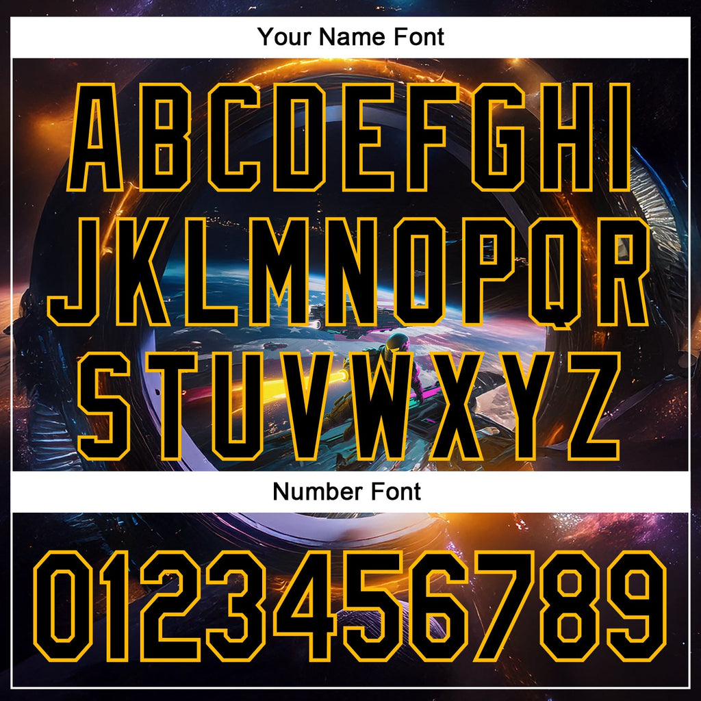 Custom Black Gold 3D Pattern Design Outer Space Light Swords Starships Authentic Baseball Jersey