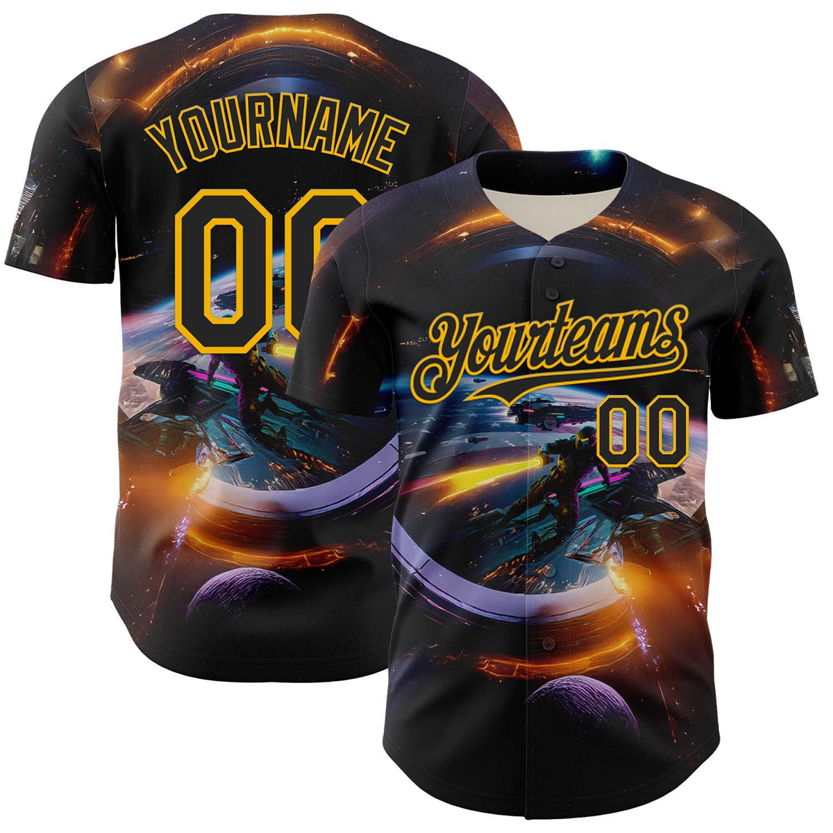 Custom Black Gold 3D Pattern Design Outer Space Light Swords Starships Authentic Baseball Jersey