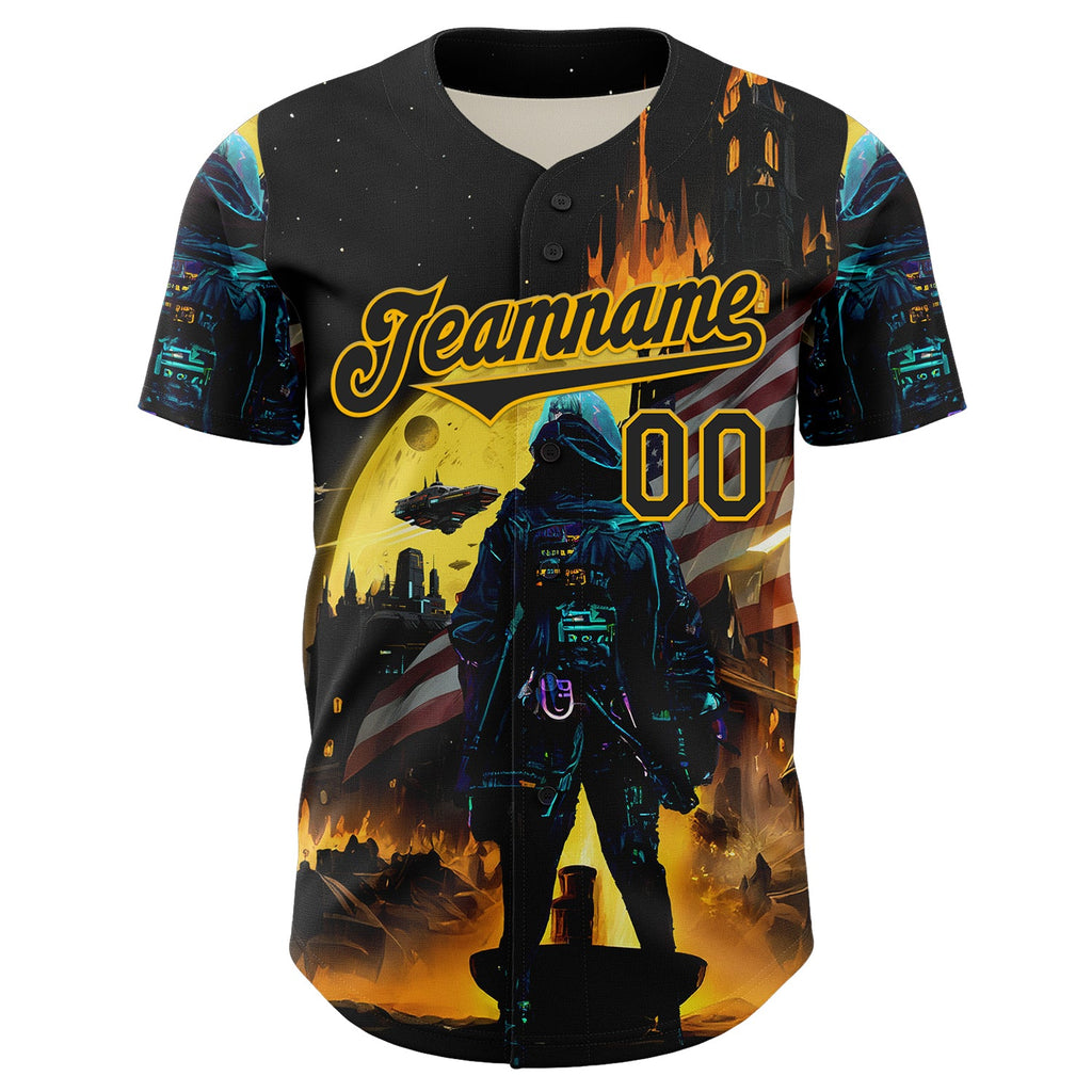 Custom Black Gold 3D Pattern Design Outer Space Starships American Flag Authentic Baseball Jersey