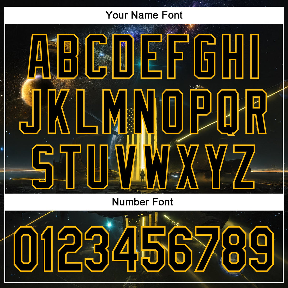 Custom Black Gold 3D Pattern Design Outer Space Light Swords American Flag Authentic Baseball Jersey