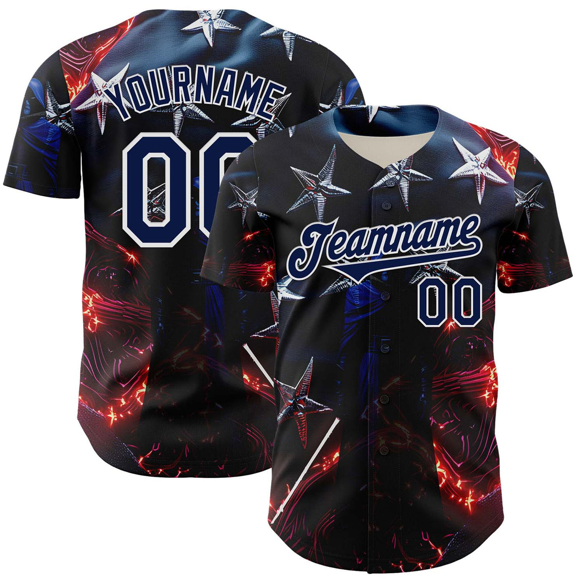 Custom Blue Navy-White 3D Pattern Design Outer Space Light Swords American Flag Authentic Baseball Jersey