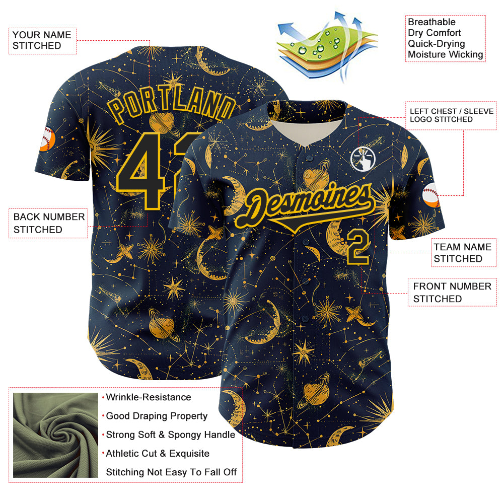Custom Blue Black-Yellow 3D Pattern Design Outer Space Galaxy Solar Authentic Baseball Jersey