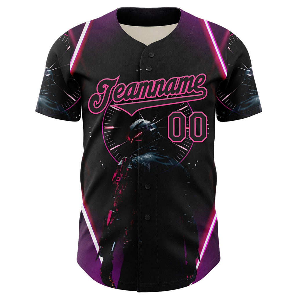 Custom Blue Black-Pink 3D Pattern Design Outer Space Light Swords Authentic Baseball Jersey