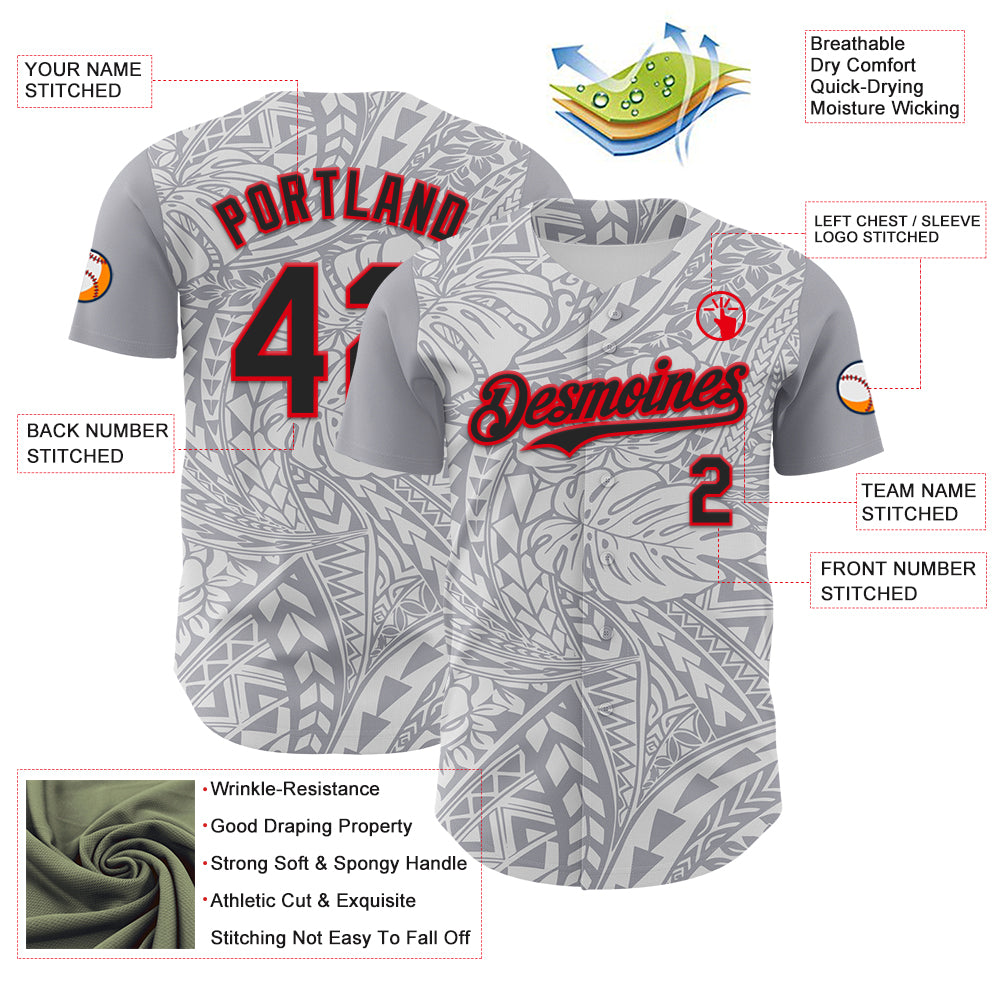 Custom Gray Black White-Fire Red 3D Polynesian Style Palm Leaves Islander Authentic Baseball Jersey