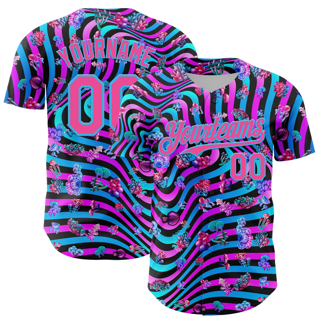 Custom Black Pink Purple-Sky Blue 3D Pattern Design Trippy Psychedelic Magic Mushrooms Authentic Baseball Jersey