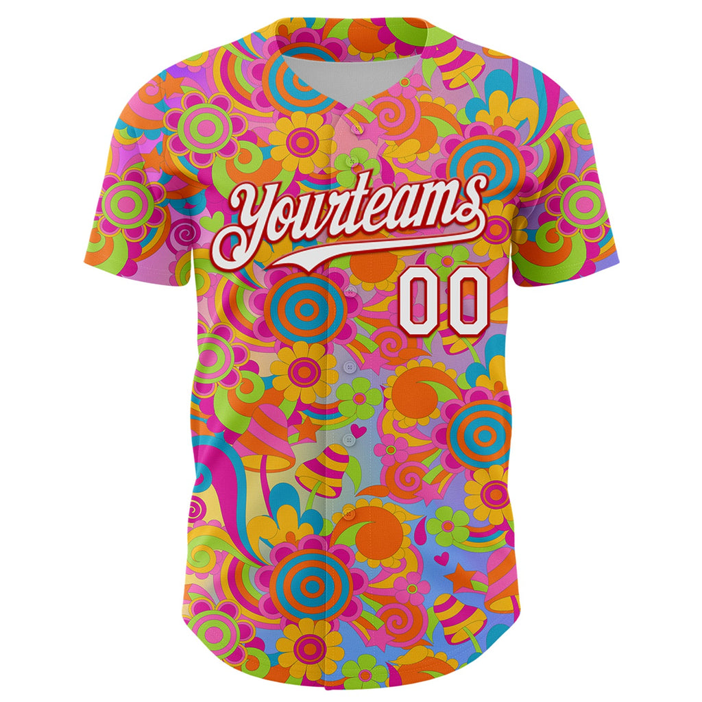Custom Pink White-Red 3D Pattern Design Trippy Groovy Magic Mushrooms Authentic Baseball Jersey